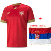 Navijački komplet za Katar - Puma crveni dres i satenska zastava Srbije 120x80cm